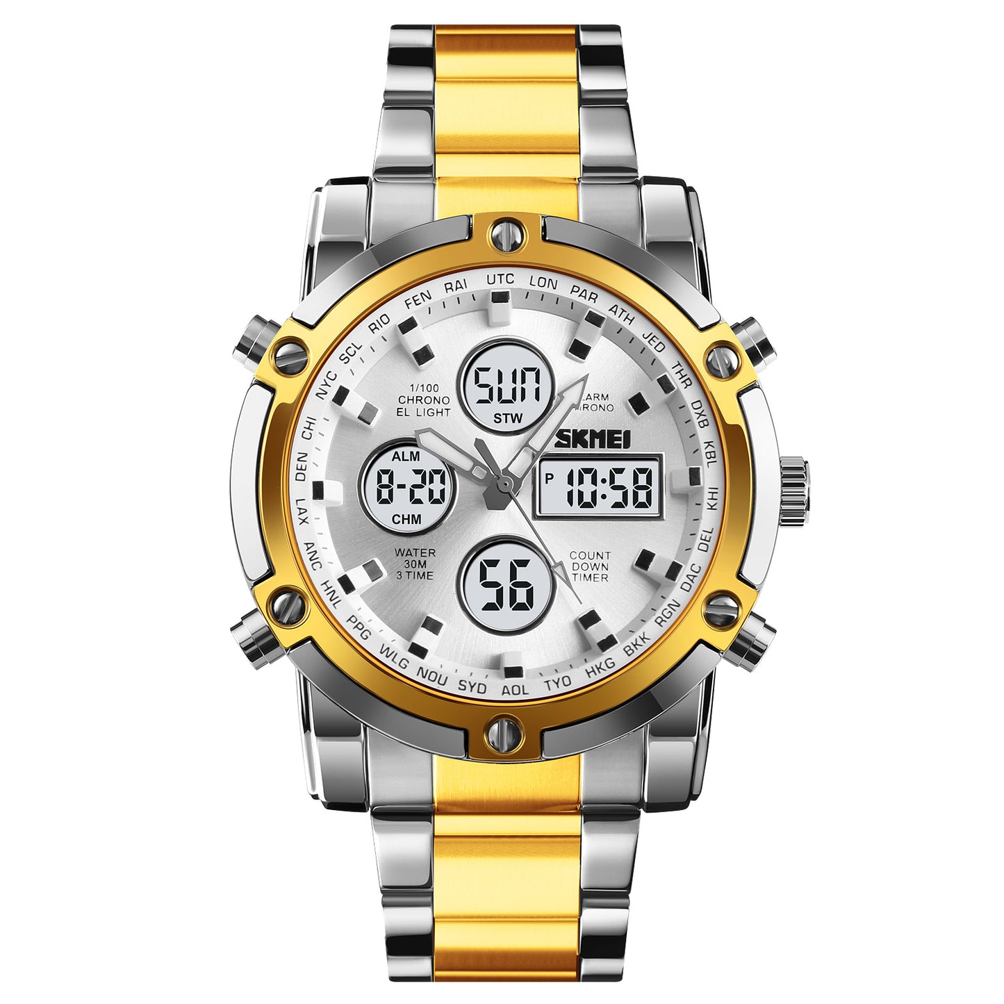 🔥Limited-time discount of 49%🔥Fashion Multi functional Sports Men's Watch, 48Mm Metal Case with 3 Time Zone Night Light 30M Waterproof Stainless Steel Strap, Dual Time Display, Timer, Calendar, Alarm Clock Function Watch Wristwatch
