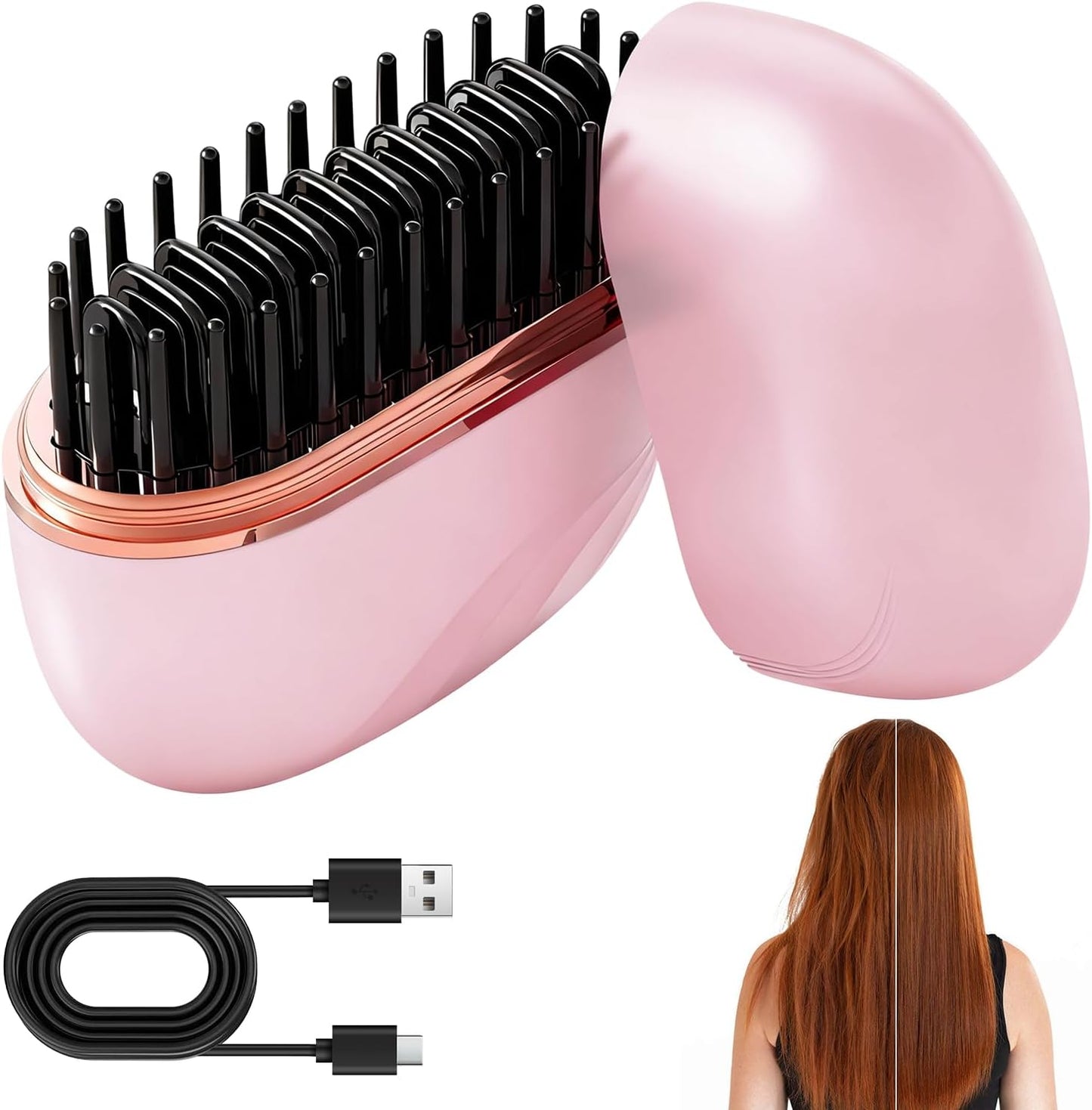 Mini Hair Straightener, Cordless&Rechargeable Portable Hair Straightener Brush with 3 Temperature Setting,Portable Electric Hair Brush 30s Heating,Mini Straightening Brush for Home & Travel