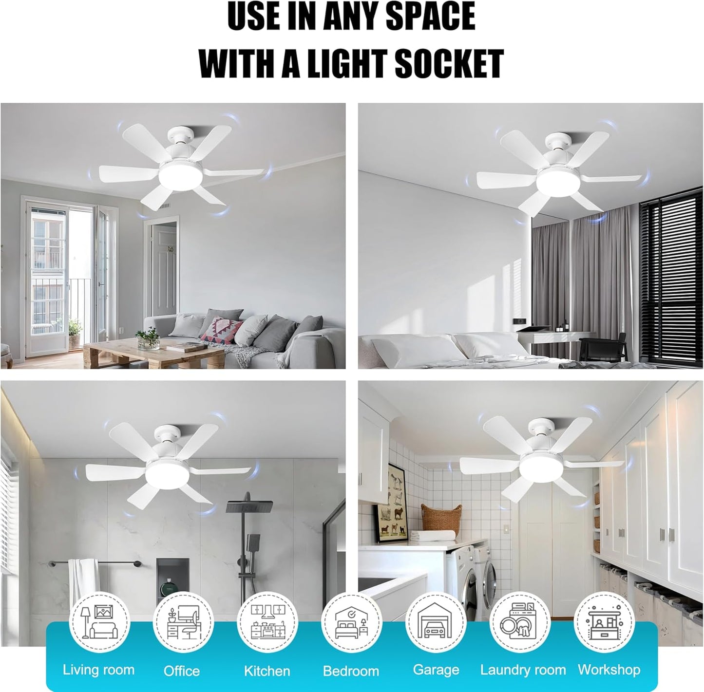 Socket Fan Light with Remote for Bedroom, Kitchen, Living Room, 3 Color Stepless Dimming, Screws into E27
