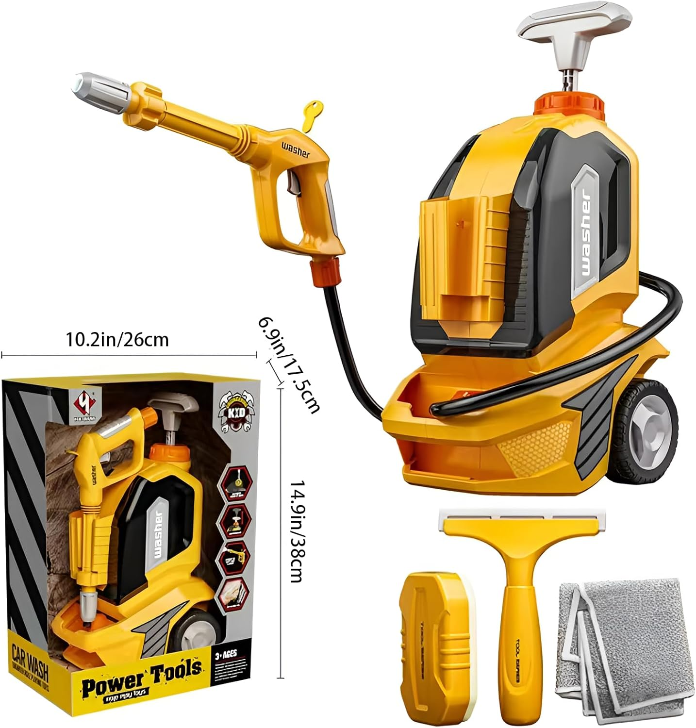Kids Clean Car Wash Toy Toddler Cleaning Set Car Washing Kit,Powerful Manual Pressure Washer with Scraper,Sponge,Rag