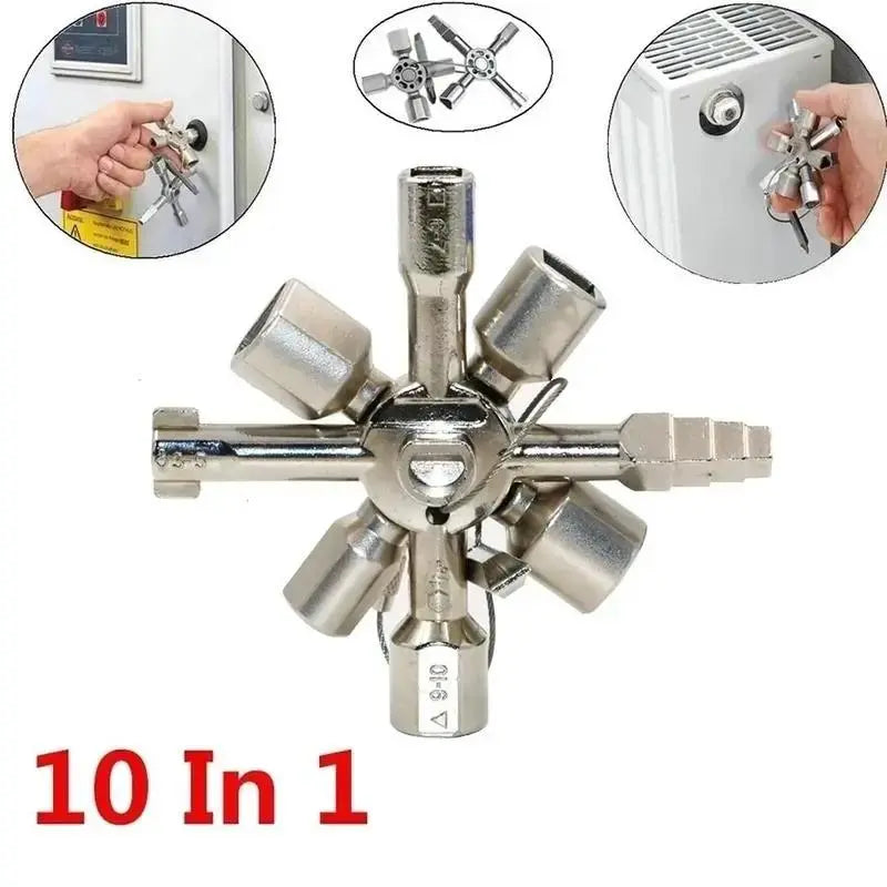 10-in-1 Multifunction Triangle Key Wrench, Multifunctional Socket Wrench, Elevator Door Valve Cross Ratchet Wrench, Mildew Resistant Manual Tool Set for Elevator, Electric Box & More