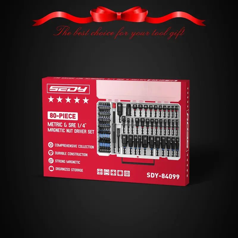 80pc Magnetic Impact Nut Driver Set,Metric & SAE with Socket Adapters, Bit Holder, Wing Nut Driver, Universal Sockets, Quick Release Extension, Power Bits toolbox screwdriver set