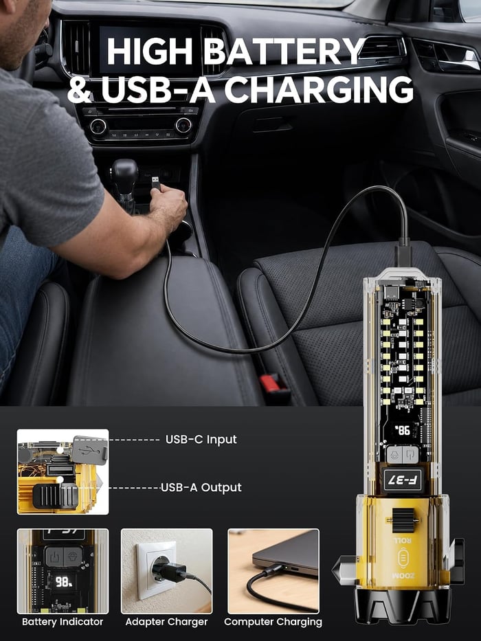 Emergency Flashlight for Car, Seatbelt Cutter Window Breaker, 3000 LM Flashlight Multifunctional Safety Tool