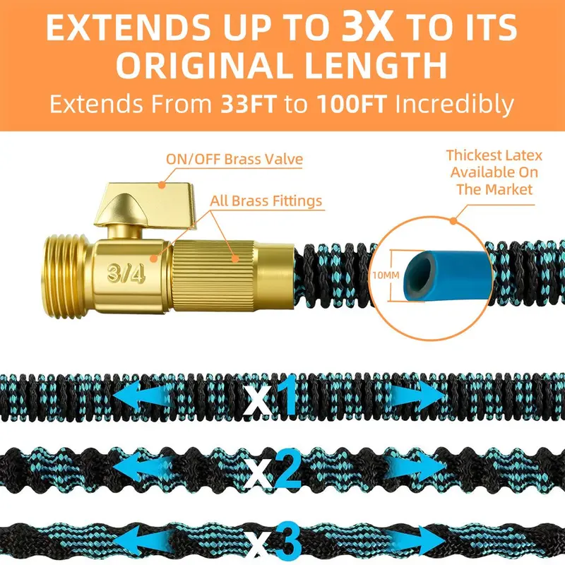 100FT Expandable Garden Hose with 10 Function Spray Nozzle, 3-Layer Latex Core(Color random)