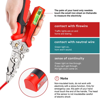 🛠️🛠️16 in 1 Wire Stripper Twister forCutting and Pulling Wires, Voltage Tester Pliers, Cable Scissors, 12V to250V Live,Null,Hot Wire Judgment ACDC, Audible and Flashing LED Alarms