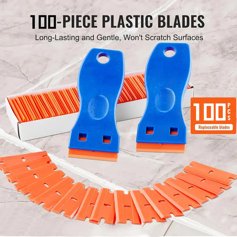Plastic Razor Blade Scraper, 2PCS Scraper Tool, 120PCS Plastic Blades, for Cleaning Scraper Remover for Stickers, Decals, Adhesive, Labels, Paint from Glass, Car, Window, Caulk, No Scratches