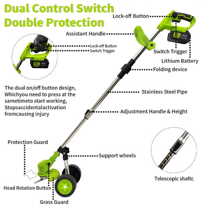 Lightweight 21V Cordless 3-in-1 Grass Trimmer, Weed Wacker & Brush Cutter