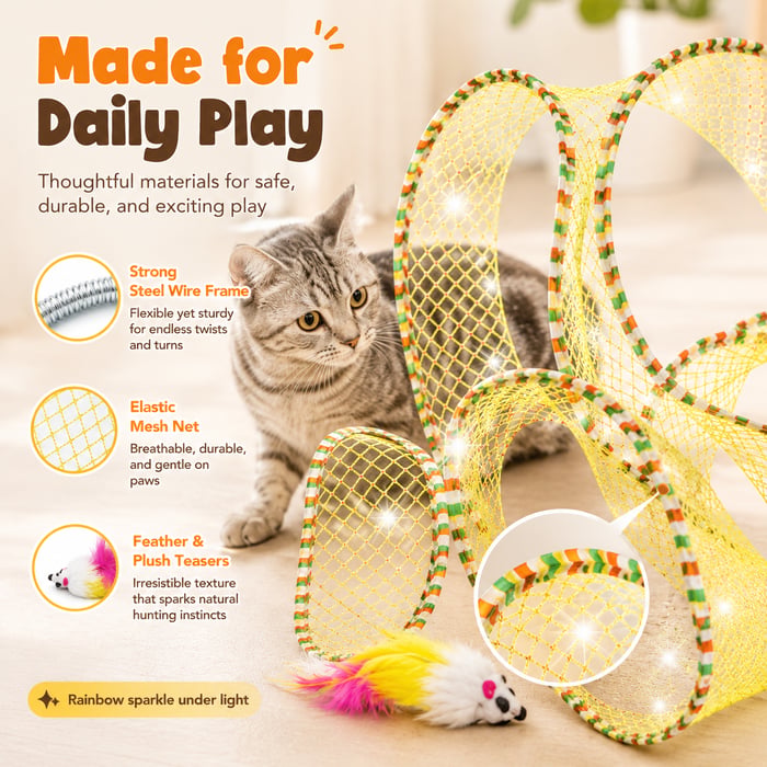 😸Potaroma Spiral Tunnel Cat Toy, Cat Self Play Spiral Kitten Collapsible Spring Tunnel Toy for Indoor Cats with Feather and Bell, 20 Inches Unfolded