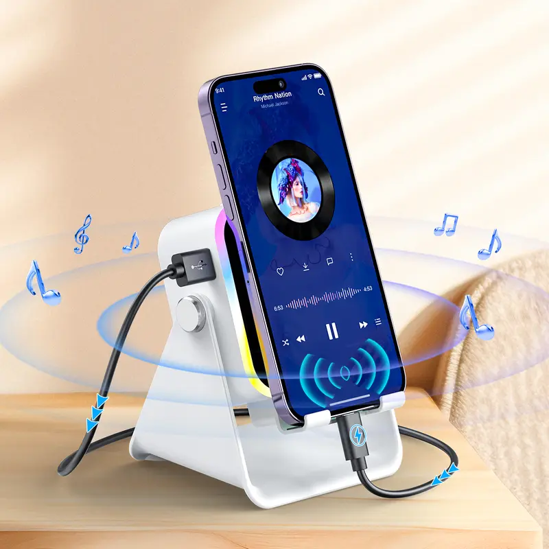 Wireless Induction Audio Speaker Stand, 5in1 Cellphone Holder, 3500mAh Rechargeable Emergency Power Bank,360° Adjustable Mobile Tablet Stand with Colorful Ambient Light Gifts for Men Women
