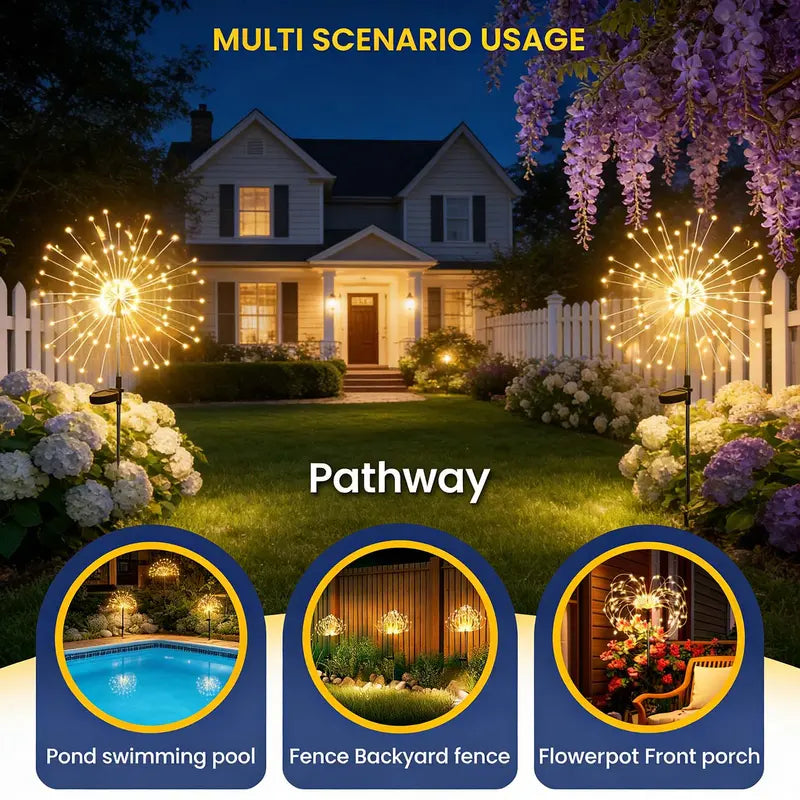 120 LED solar-powered garden lights, fairy firework decorative outdoor lights, suitable for courtyards, paths, flower beds, flower pots, balconies, terraces, and Christmas decorations.