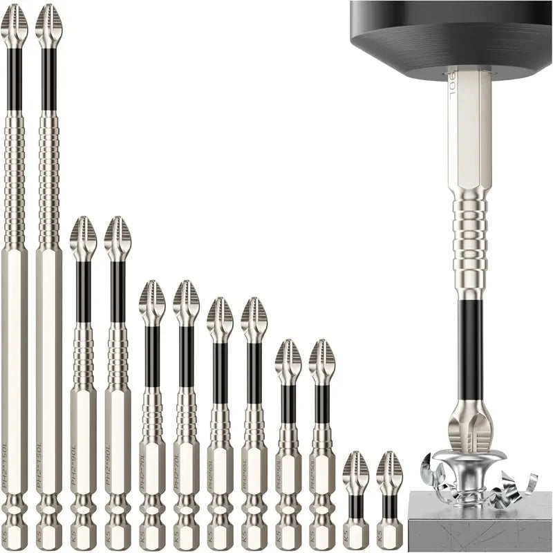 🔩Non-Slip Magnetic Power Screwdriver Bit Set – 9-Piece, K5 Impact-Resistant S2 Steel Bits (1/4" Hex Shank, Length 25–150 mm)🔩