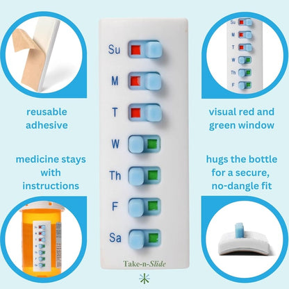 🩺💊 Pill/Medication/Vitamin/Pet Med Tracker & Reminder, Attach to Your Bottle, Organizer-Free, Curved‑Back, White & Blue (2-Pack, 1 Each)