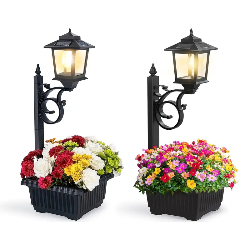Solar Post Light With Planter, 2 In 1 Outdoor Solar Post Light For Porch Front Door Patio Roadside Decoration