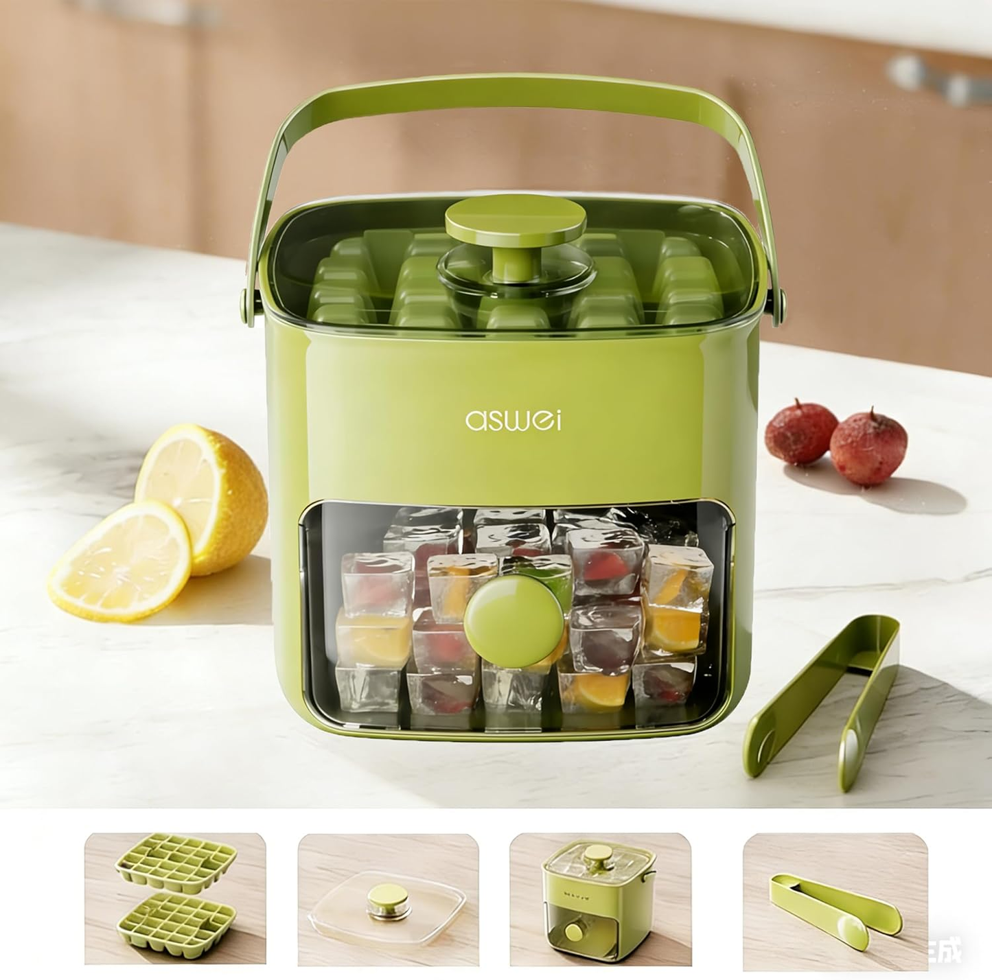 🧊🧊Compact Ice Cube Tray with Lid and Bin, Mini Press-Type Ice Maker for Freezer, Space-Saving Small Ice Bucket with Tongs