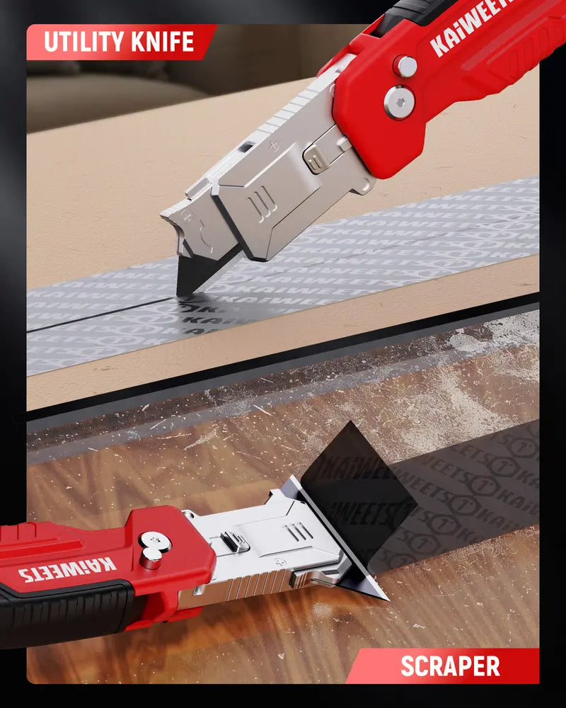 2-in-1 utility knife and scraper featuring a heavy-duty zinc alloy body and 13 SK2 black blades