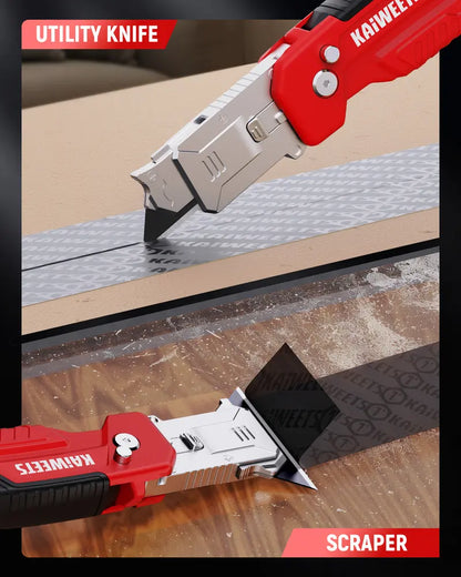 2-in-1 utility knife and scraper featuring a heavy-duty zinc alloy body and 13 SK2 black blades