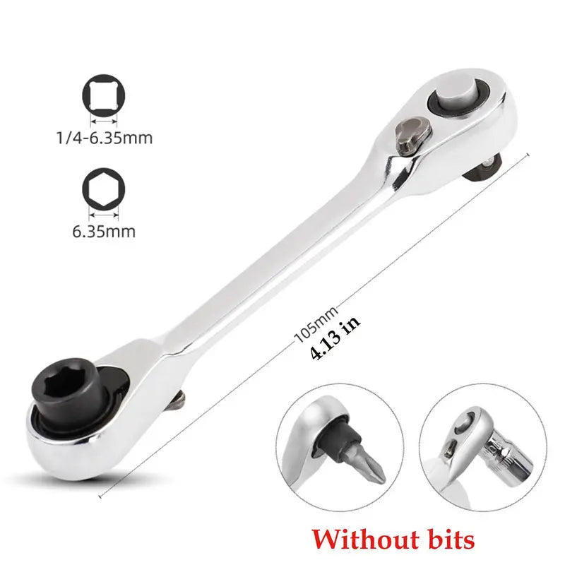 Silver Ratchet Wrench 1/4 Inch Mini Double Headed 72 Tooth Drive Socket (Bits Not Included), 5 Degrees Quick Install Release