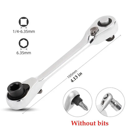 Silver Ratchet Wrench 1/4 Inch Mini Double Headed 72 Tooth Drive Socket (Bits Not Included), 5 Degrees Quick Install Release