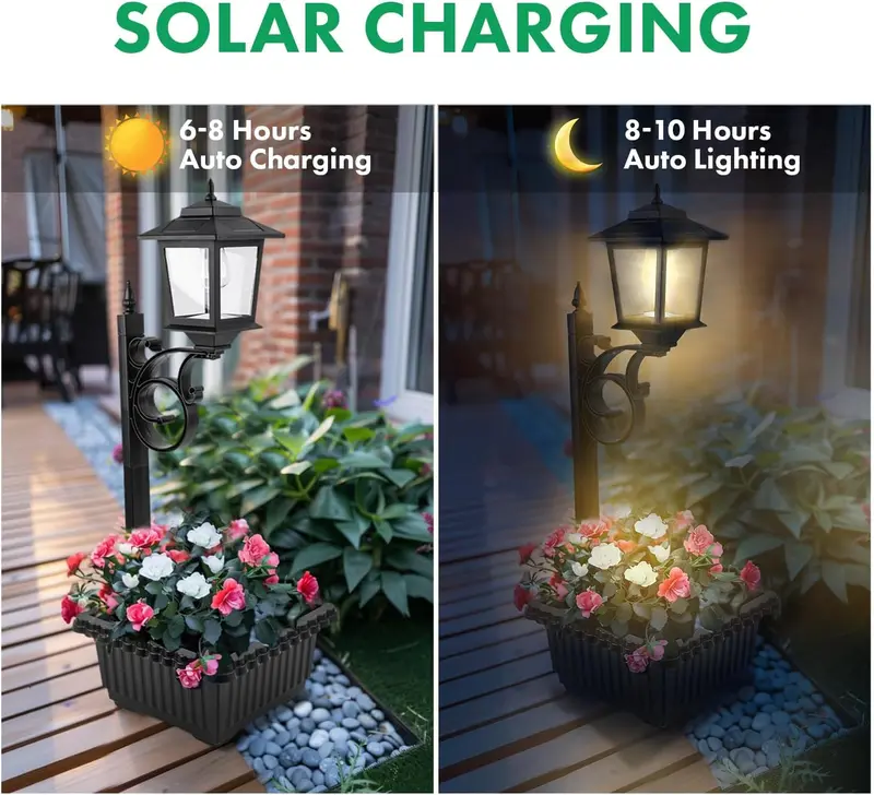 Solar Post Light With Planter, 2 In 1 Outdoor Solar Post Light For Porch Front Door Patio Roadside Decoration