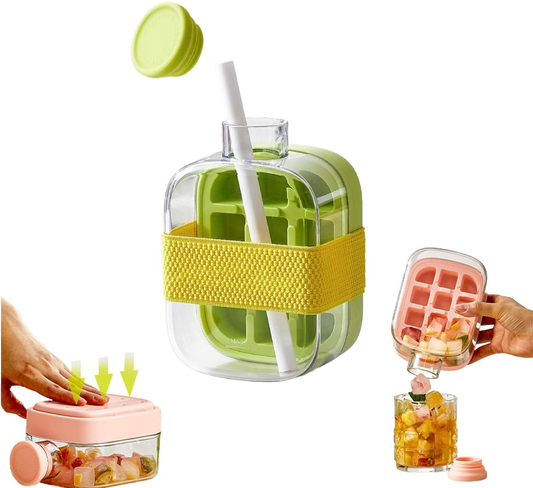 🧊Ice Cube Bottle, 2in1 Touch Free Ice Cube Tray Water Bottle Come With Reusable Straw Tray Easy To Take Ice By Pressing Suitable For Coffee Juice Drinks