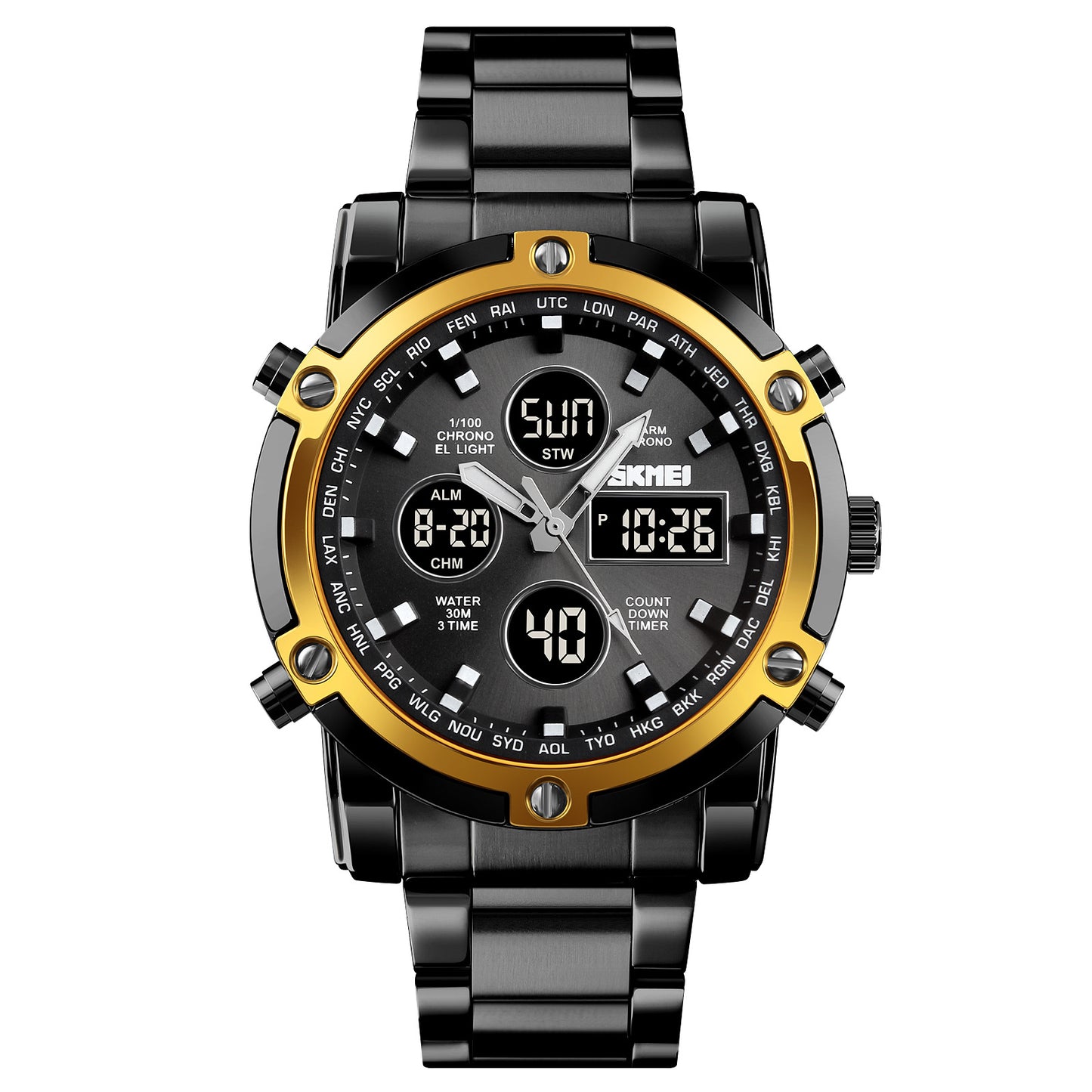 🔥Limited-time discount of 49%🔥Fashion Multi functional Sports Men's Watch, 48Mm Metal Case with 3 Time Zone Night Light 30M Waterproof Stainless Steel Strap, Dual Time Display, Timer, Calendar, Alarm Clock Function Watch Wristwatch