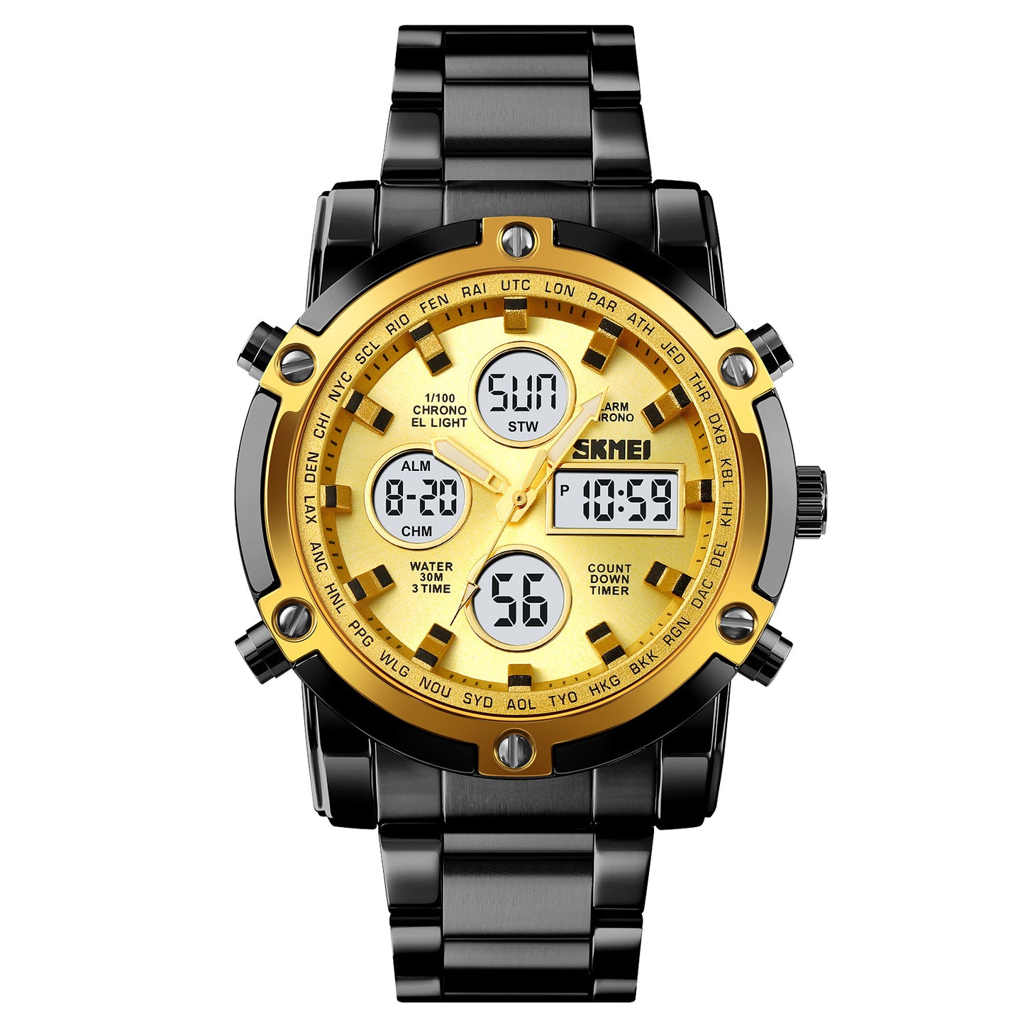 🔥Limited-time discount of 49%🔥Fashion Multi functional Sports Men's Watch, 48Mm Metal Case with 3 Time Zone Night Light 30M Waterproof Stainless Steel Strap, Dual Time Display, Timer, Calendar, Alarm Clock Function Watch Wristwatch