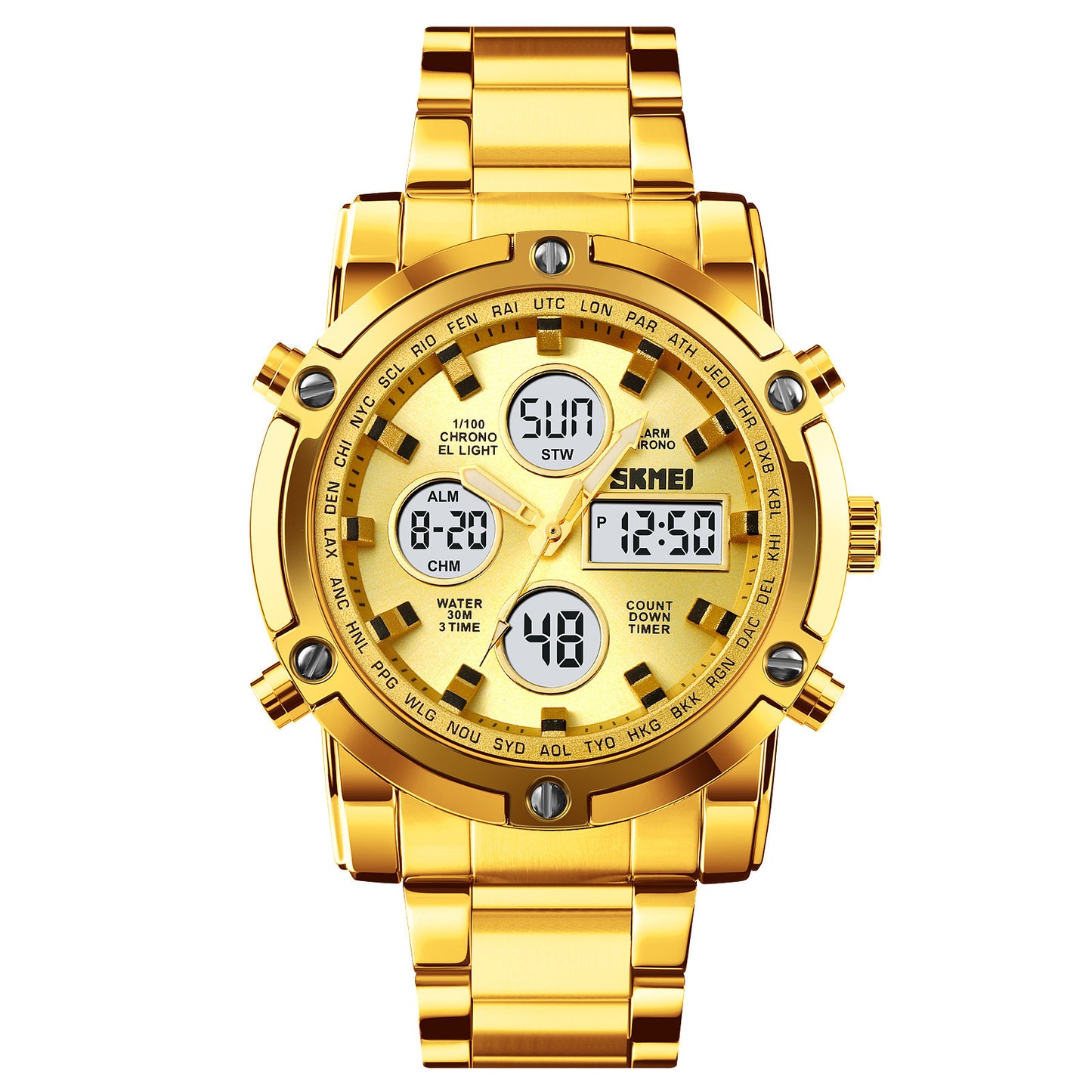 🔥Limited-time discount of 49%🔥Fashion Multi functional Sports Men's Watch, 48Mm Metal Case with 3 Time Zone Night Light 30M Waterproof Stainless Steel Strap, Dual Time Display, Timer, Calendar, Alarm Clock Function Watch Wristwatch