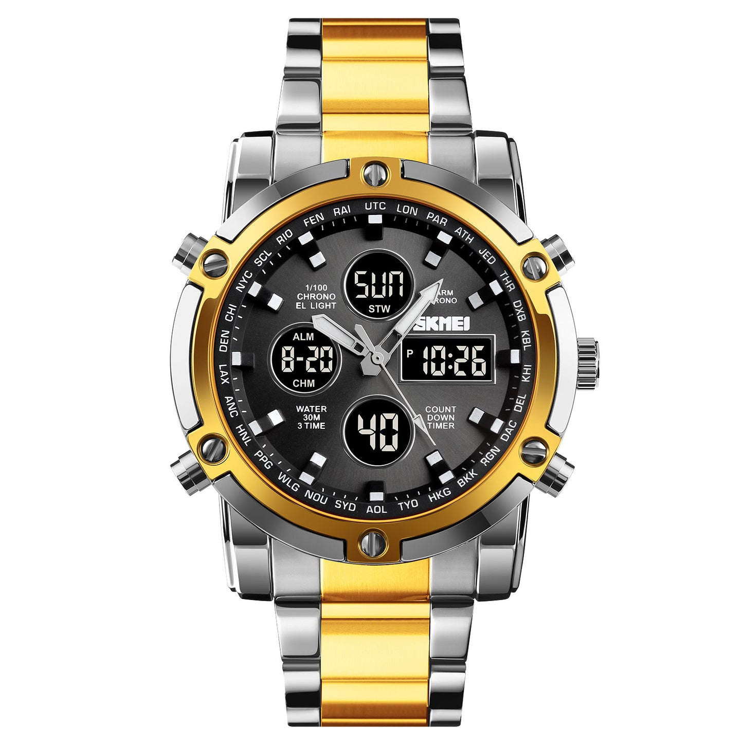🔥Limited-time discount of 49%🔥Fashion Multi functional Sports Men's Watch, 48Mm Metal Case with 3 Time Zone Night Light 30M Waterproof Stainless Steel Strap, Dual Time Display, Timer, Calendar, Alarm Clock Function Watch Wristwatch