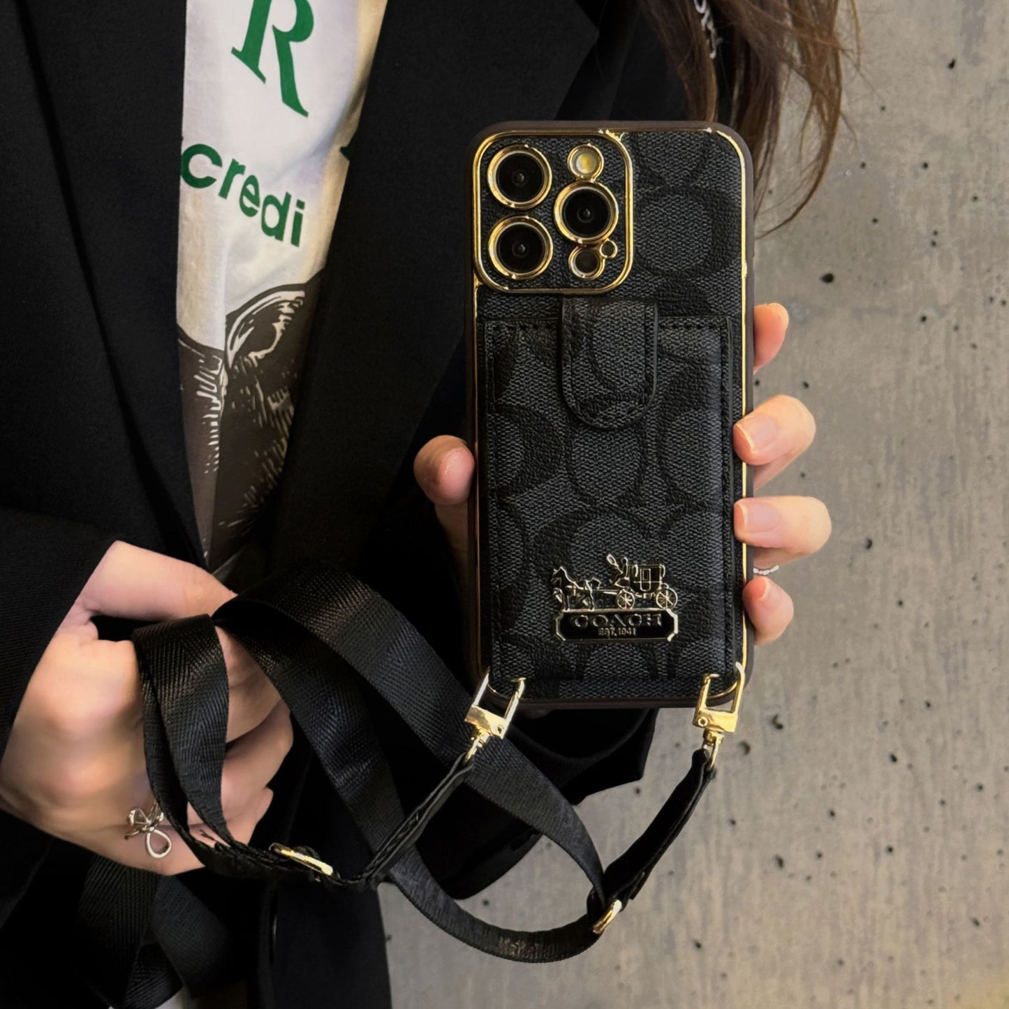 Classic iPhone Case with Card Slot with Luxury Metal Crossbody Lanyard Card Holder