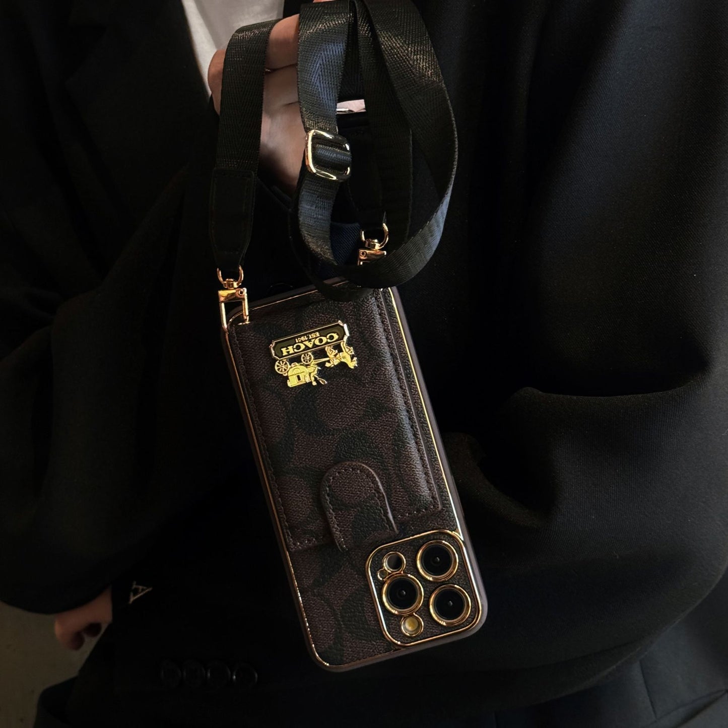 Classic iPhone Case with Card Slot with Luxury Metal Crossbody Lanyard Card Holder