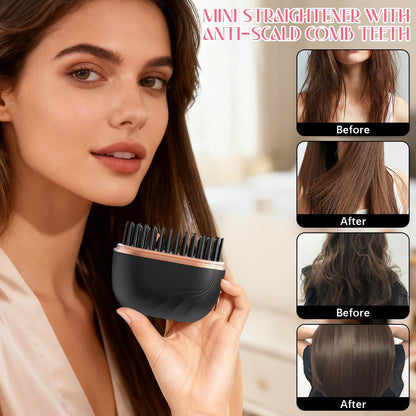 Mini Hair Straightener, Cordless&Rechargeable Portable Hair Straightener Brush with 3 Temperature Setting,Portable Electric Hair Brush 30s Heating,Mini Straightening Brush for Home & Travel