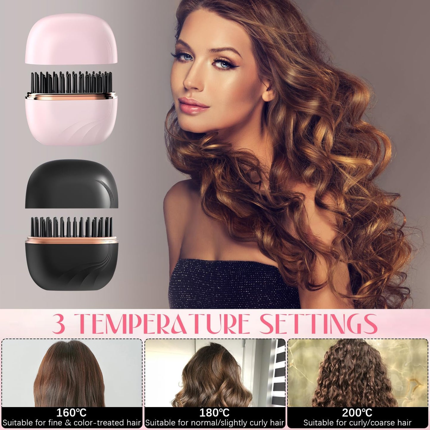 Mini Hair Straightener, Cordless&Rechargeable Portable Hair Straightener Brush with 3 Temperature Setting,Portable Electric Hair Brush 30s Heating,Mini Straightening Brush for Home & Travel