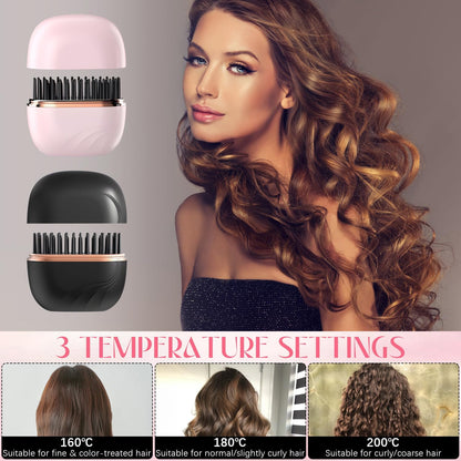 Mini Hair Straightener, Cordless&Rechargeable Portable Hair Straightener Brush with 3 Temperature Setting,Portable Electric Hair Brush 30s Heating,Mini Straightening Brush for Home & Travel
