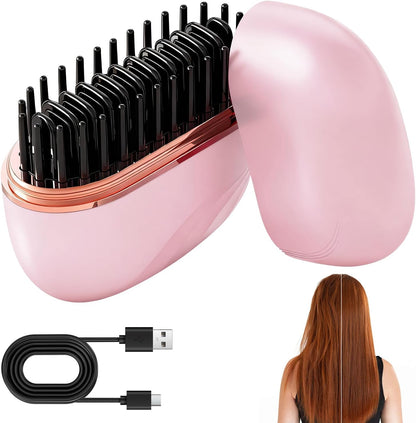 Mini Hair Straightener, Cordless&Rechargeable Portable Hair Straightener Brush with 3 Temperature Setting,Portable Electric Hair Brush 30s Heating,Mini Straightening Brush for Home & Travel