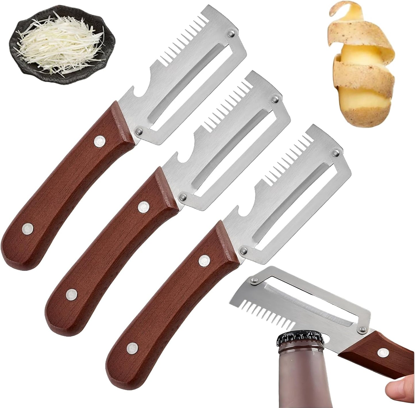 Vegetable Peeler with Wooden Handle and Bottle Opener,Stainless Steel Julienne Peeler