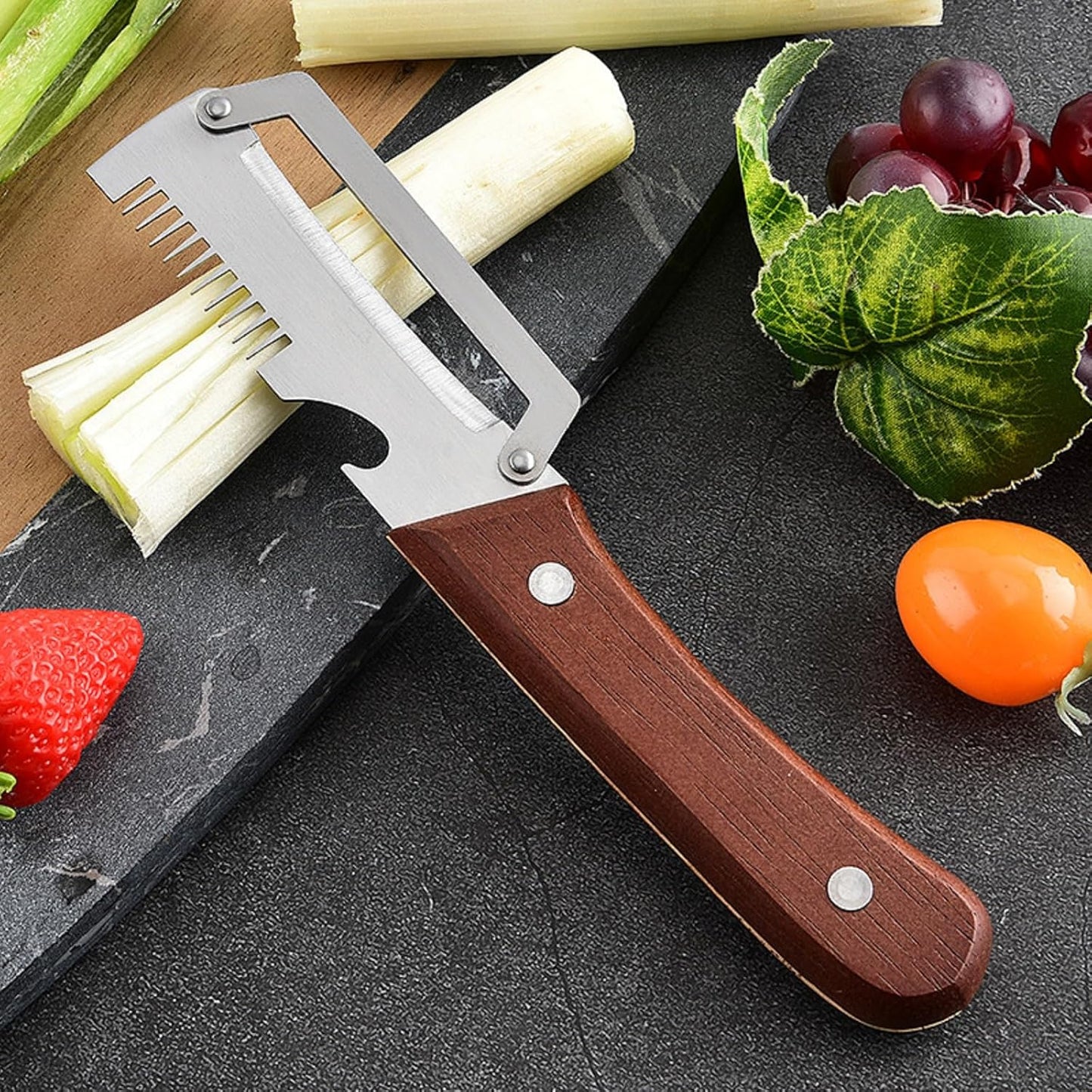 Vegetable Peeler with Wooden Handle and Bottle Opener,Stainless Steel Julienne Peeler