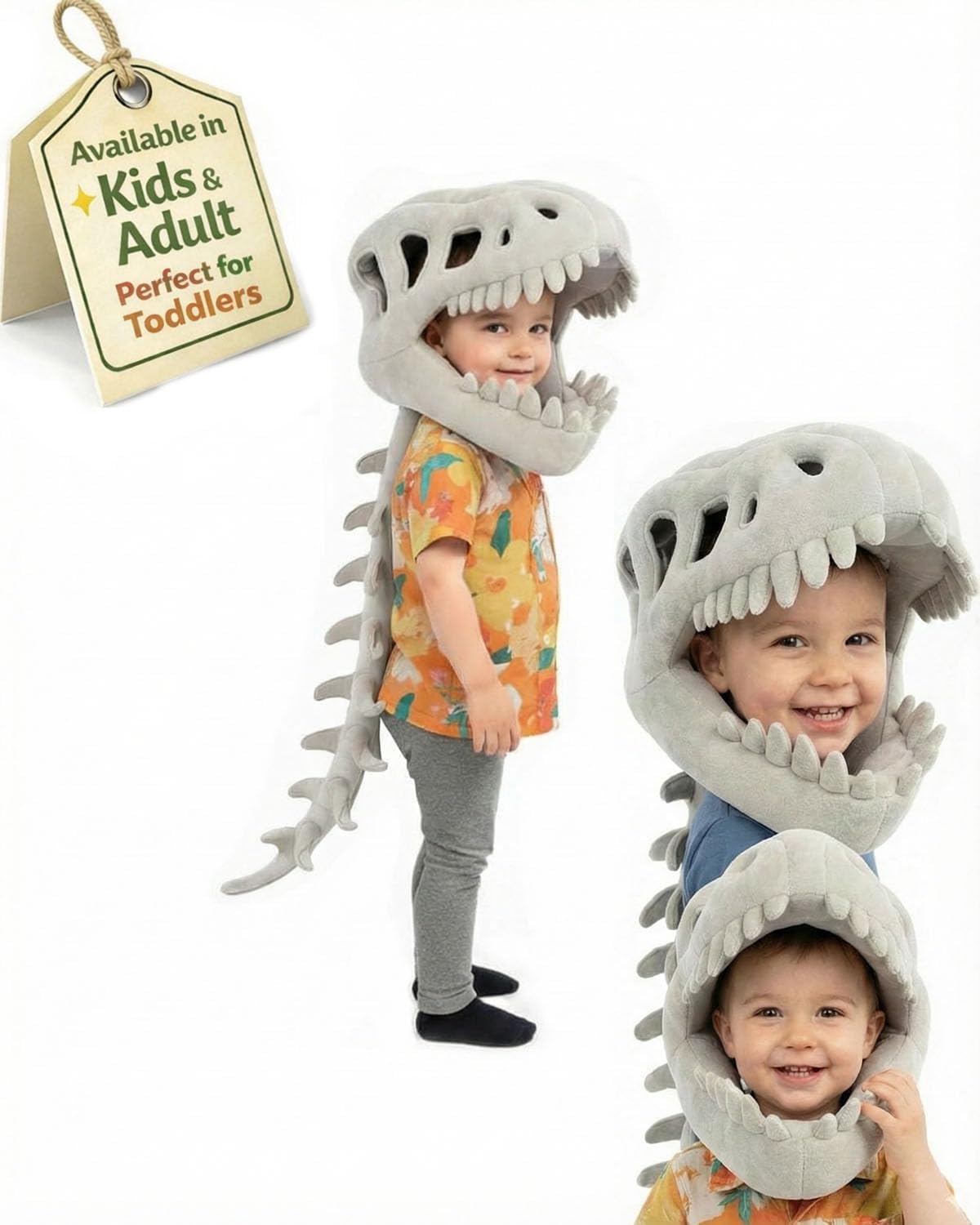Dinosaur Skeleton Costume Plush Wearable Dino Outfit with Headgear Spine for Kids Adult