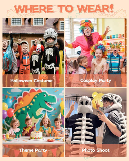 Dinosaur Skeleton Costume Plush Wearable Dino Outfit with Headgear Spine for Kids Adult