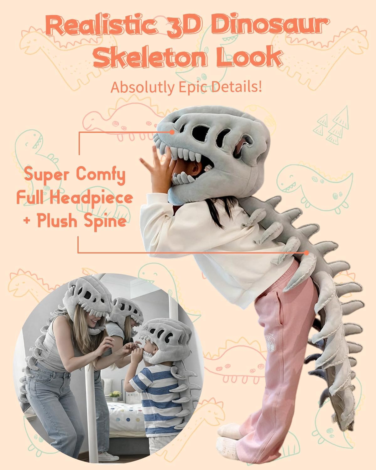 Dinosaur Skeleton Costume Plush Wearable Dino Outfit with Headgear Spine for Kids Adult