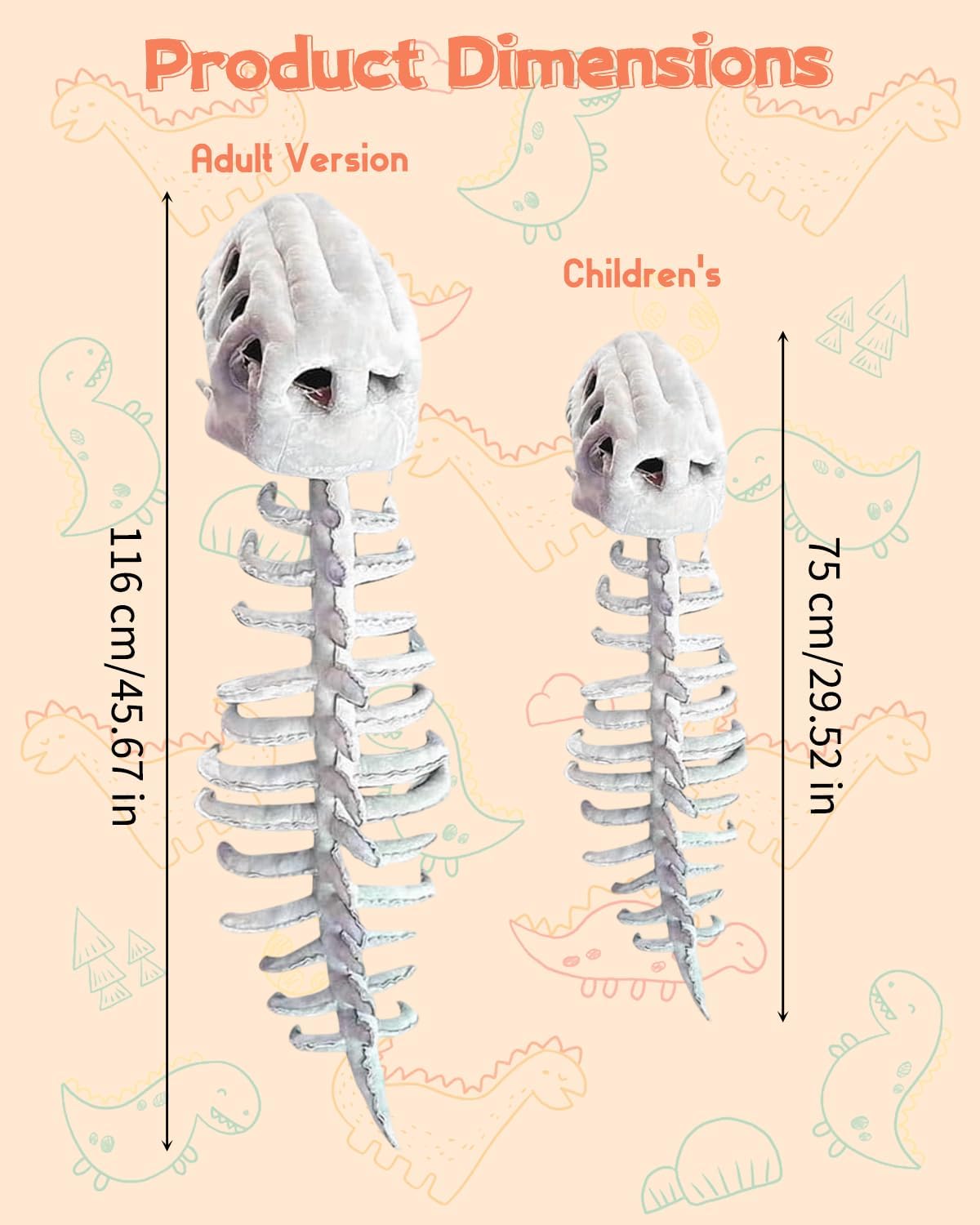 Dinosaur Skeleton Costume Plush Wearable Dino Outfit with Headgear Spine for Kids Adult