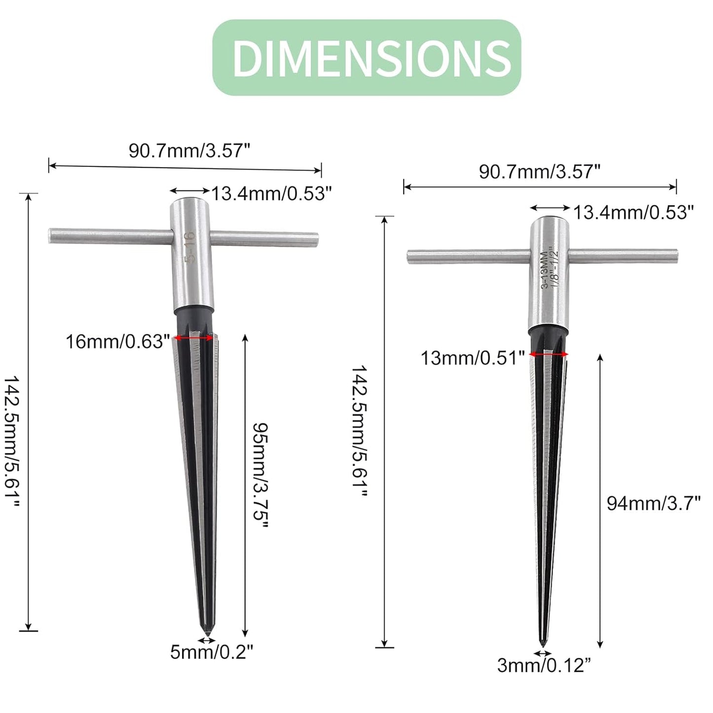 T Handle Tapered Reamer Set, 1/8"-1/2" (3-13mm) & 3/16"-5/8" (5-16mm) Bridge Pin Hole Handle Tapered Reamers