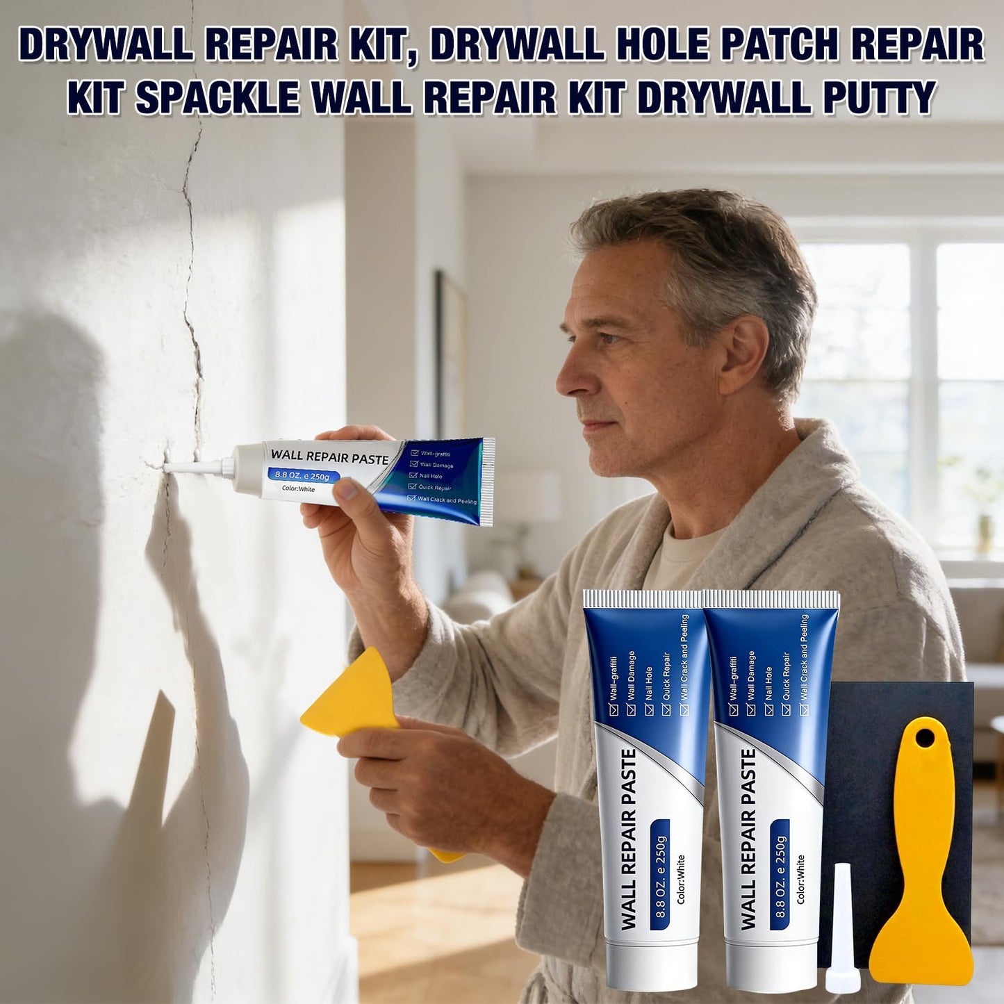 2 Pack Efficient Drywall Repair Kit with Scraper, Quick Drying Wall Repair Paste for Wall Holes, Cracks, Scratches and Graffiti for Holes Cracks Scratches Home DIY Use
