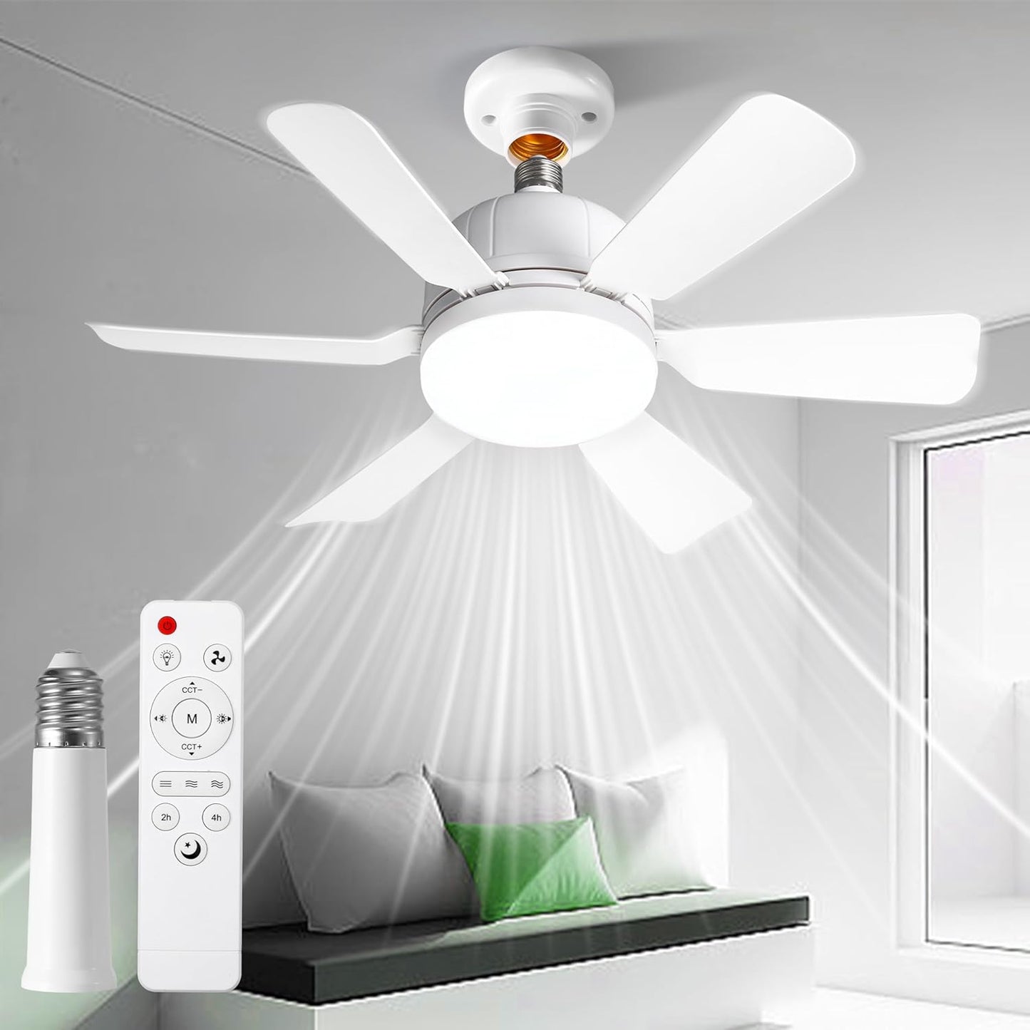 Socket Fan Light with Remote for Bedroom, Kitchen, Living Room, 3 Color Stepless Dimming, Screws into E27
