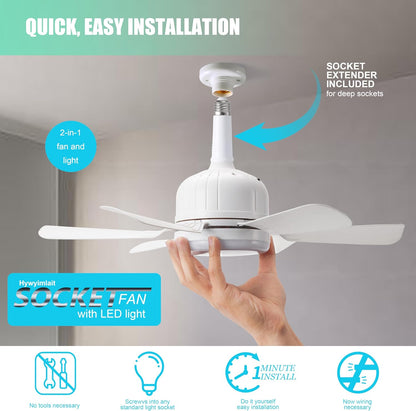 Socket Fan Light with Remote for Bedroom, Kitchen, Living Room, 3 Color Stepless Dimming, Screws into E27
