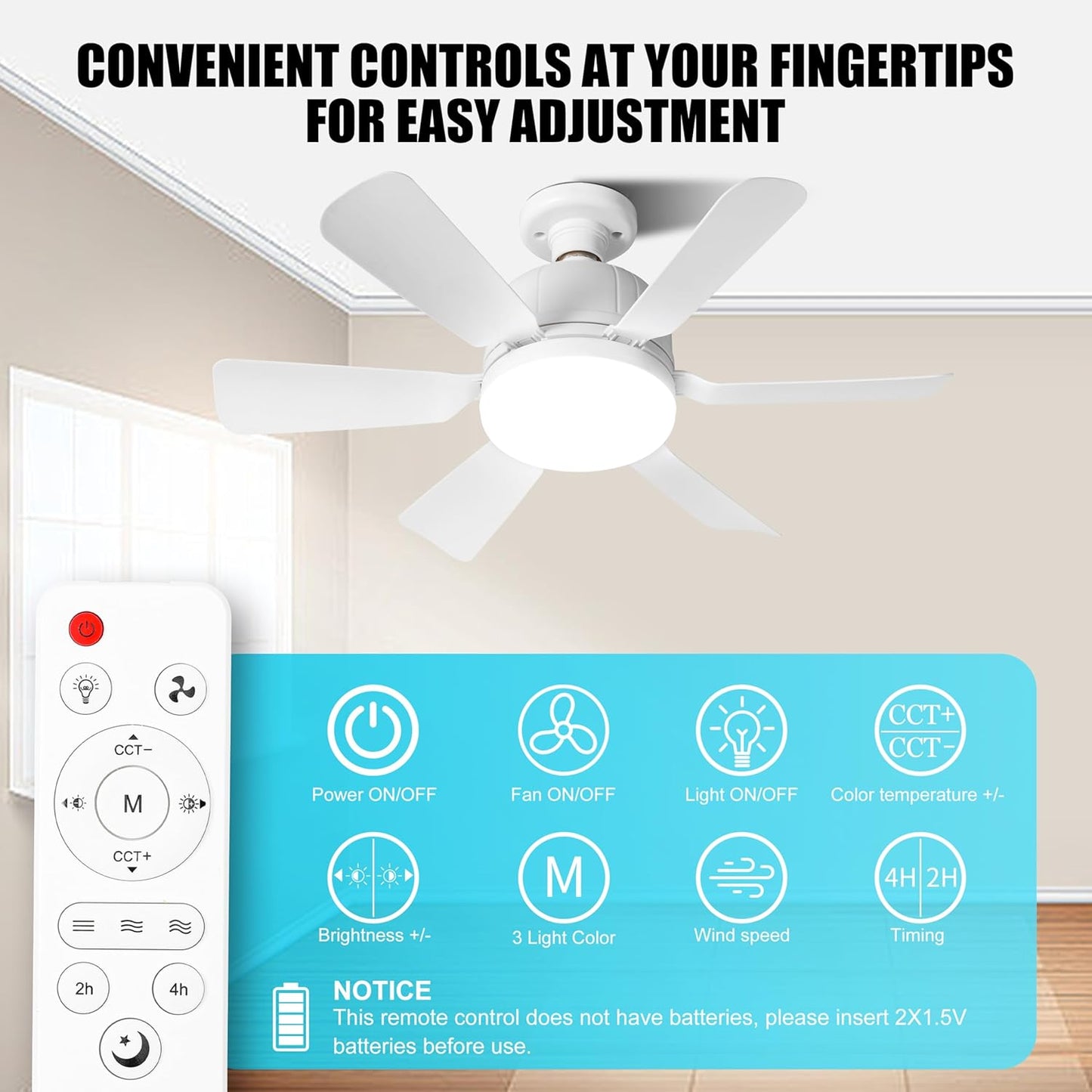 Socket Fan Light with Remote for Bedroom, Kitchen, Living Room, 3 Color Stepless Dimming, Screws into E27