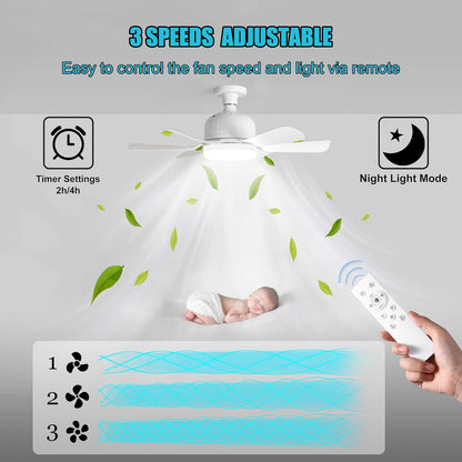 Socket Fan Light with Remote for Bedroom, Kitchen, Living Room, 3 Color Stepless Dimming, Screws into E27