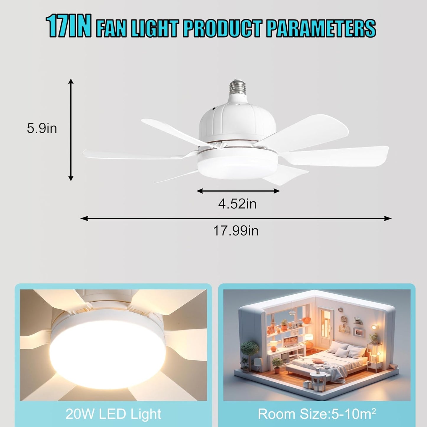 Socket Fan Light with Remote for Bedroom, Kitchen, Living Room, 3 Color Stepless Dimming, Screws into E27