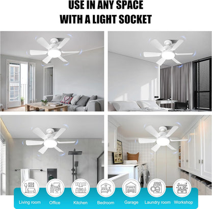 Socket Fan Light with Remote for Bedroom, Kitchen, Living Room, 3 Color Stepless Dimming, Screws into E27