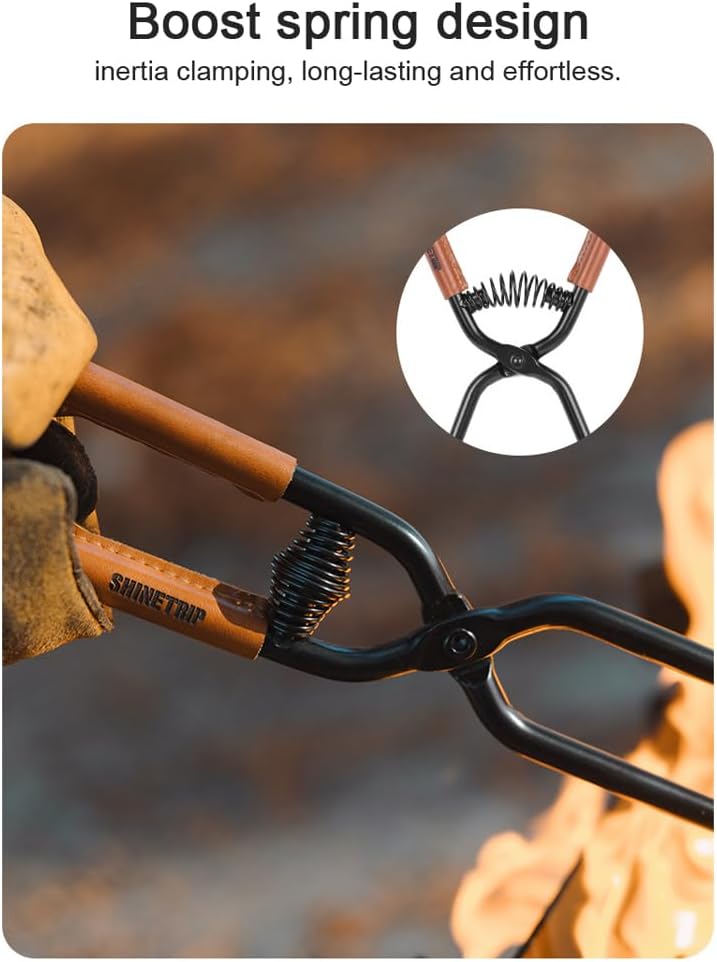 🔥Carbon Steel Fire Tongs with Leather Grip, Boost Spring Design, and Serrated Tips for and Effortless Fire Handling