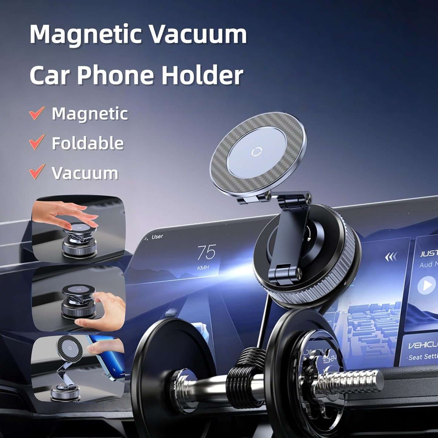 Magnetic car phone holder with suction cup, 360° adjustable folding, made of zinc alloy, suitable for Tesla, iPhone 17, 16, 15, 14, 13, and 12 series.